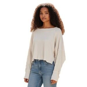 Free People Cream Cable Knit Sweater Off Shoulder Cropped Waffle Knit M